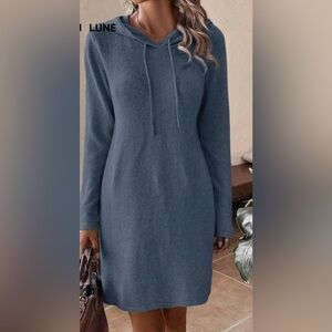 Blue Long-Sleeve Dress with Drawstring Hoodie
